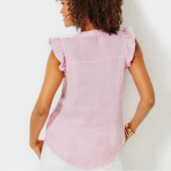 Lilly Pulitzer Briette Button Down Urchin Pink Ruffle Cap Sleeve Blouse Size XL - Picture 3 of 9
